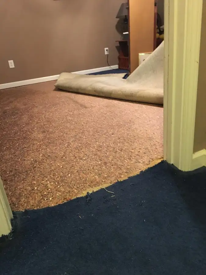 Carpet pad removal revealing water damage during Water Mitigation Services in North Branford